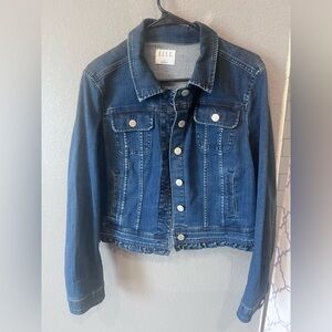 Elle Women's Dark Blue Jean Jacket scalloped ruffle bottoms large